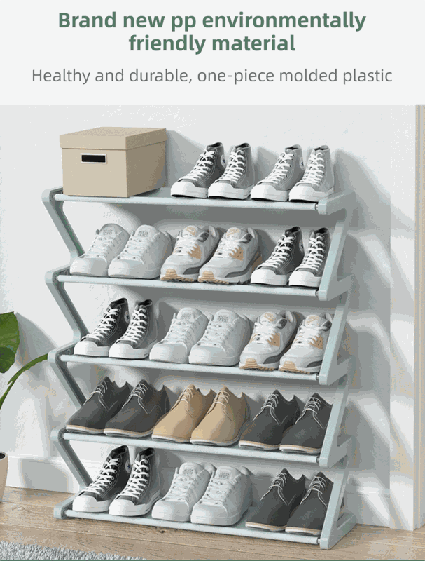 Four-tier shoe rack in pale gray molded plastic with a stable Z-shaped frame and shoes arranged on each shelf