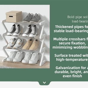 Black Stable Z-Shaped shoe rack with a white steel frame and four fabric shelves holding several pairs of shoes