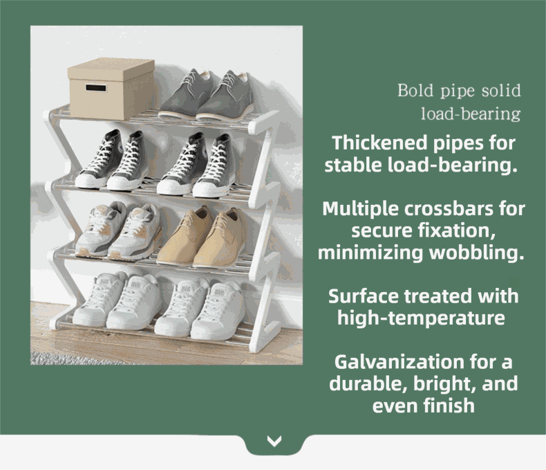 Black Stable Z-Shaped shoe rack with a white steel frame and four fabric shelves holding several pairs of shoes