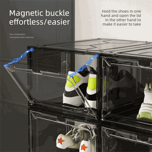Black Transparent Magnetic Shoe Box with a clear hinged front door, dark frame and visible neon-accented sneakers inside