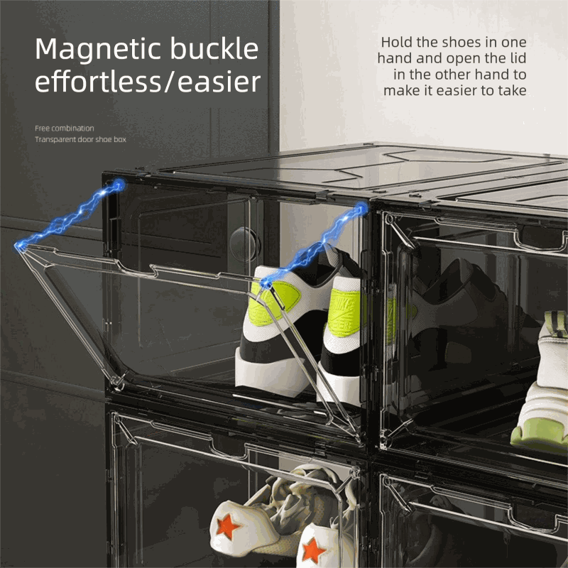 Black Transparent Magnetic Shoe Box with a clear hinged front door, dark frame and visible neon-accented sneakers inside