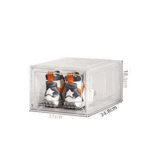 Black Transparent Magnetic Shoe Box with clear plastic panels, black trim, and a front-opening door holding high-top sneakers