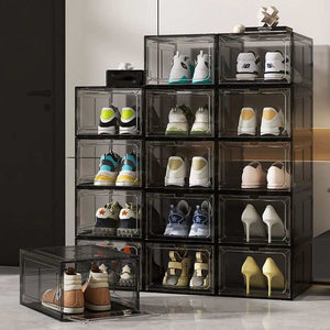 Black Transparent Magnetic Shoe Box with clear plastic panels and a black frame, stacked to display assorted shoes.