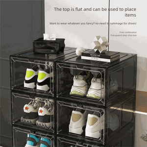 Black Transparent Magnetic Shoe Box with smoky clear panels, black frames and front-opening doors, stacked to display sneakers