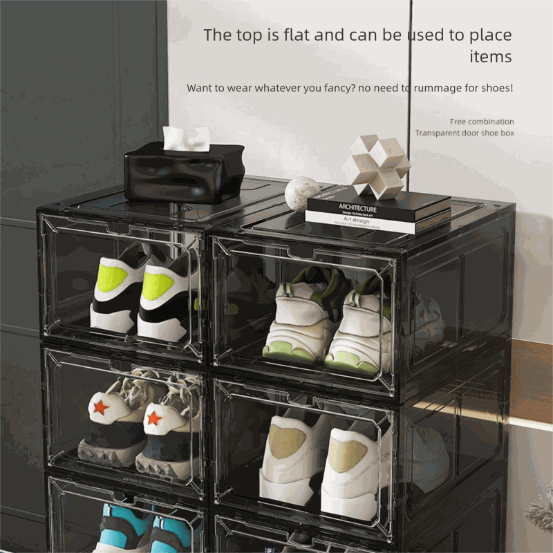 Black Transparent Magnetic Shoe Box with smoky clear panels, black frames and front-opening doors, stacked to display sneakers