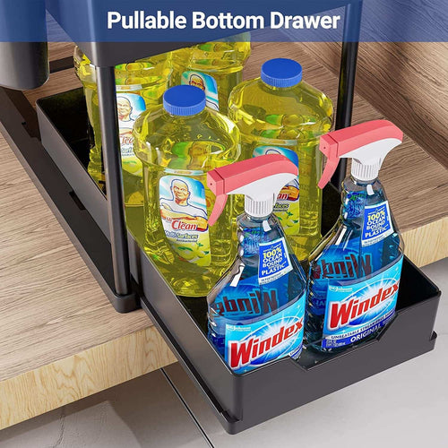 Black Under Sink Organizer with a matte black two-tier frame and pull-out bottom drawer holding cleaning bottles