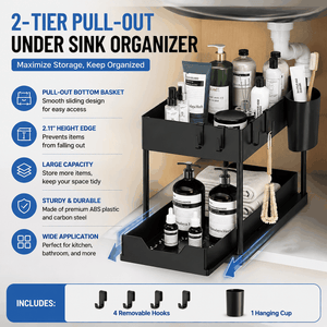 Black Under Sink Organizer with a two-tier matte black frame, pull-out lower basket, removable hooks and side storage cup