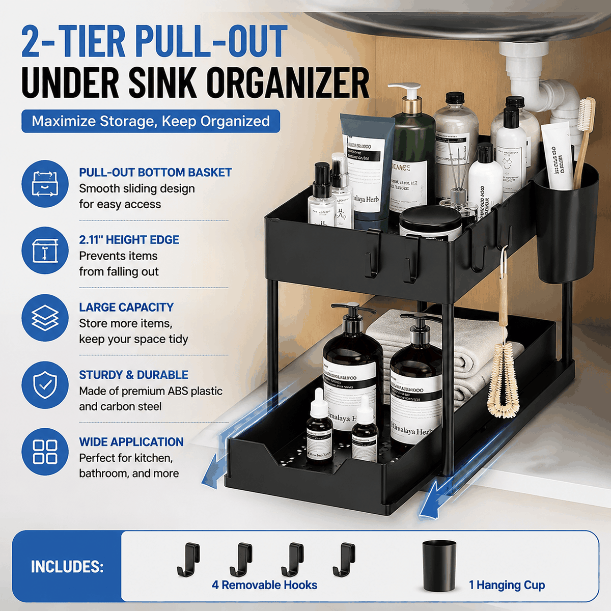 Black Under Sink Organizer with a two-tier matte black frame, pull-out lower basket, removable hooks and side storage cup