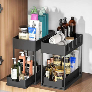 Black Under Sink Organizer with two pull-out tiers, matte black trays, iron frame, raised edges and side hooks