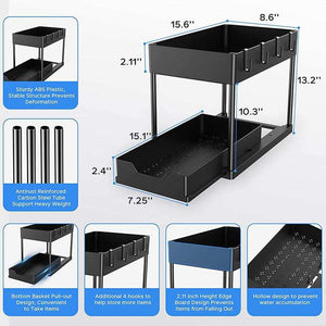 Black Under Sink Organizer with two matte black trays, metal frame, pull-out bottom basket, hooks and perforated base