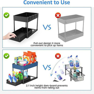 Black Under Sink Organizer with two pull-out ABS trays, iron frame, raised guard rails and four side hooks