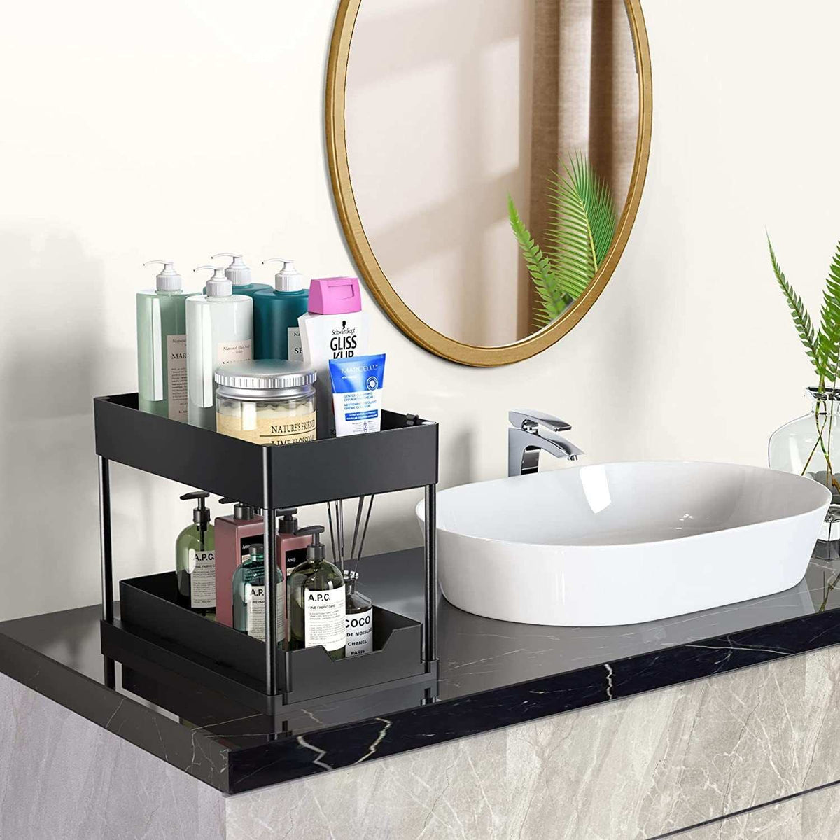 Black Under Sink Organizer with two black trays, slim metal frame, and pull-out lower drawer for bathroom storage