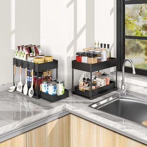 Black Under Sink Organizer with two-tier black trays, iron frame, pull-out drawer, side hooks and storage cup