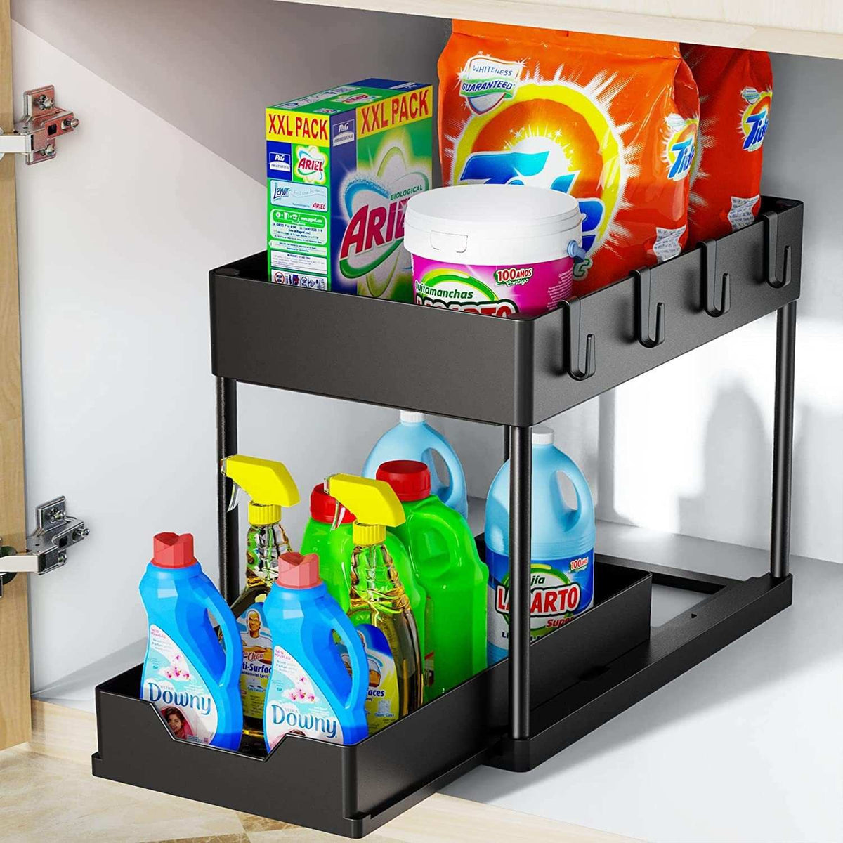 Black Under Sink Organizer with two tiered black trays, a pull-out lower basket, side hooks and storage cup