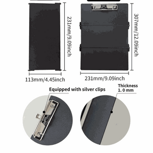 Black Waterproof Aluminum clipboard with a matte black finish, silver clips, and a slim folding design