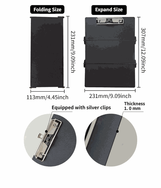 Black Waterproof Aluminum clipboard with a matte black finish, silver clips, and a slim folding design
