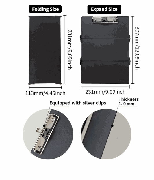 Black Waterproof Aluminum clipboard with a matte black finish, silver clips, and a slim folding design