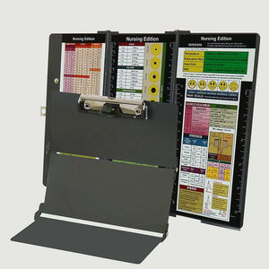 Black Waterproof Aluminum tri-fold nursing clipboard with a matte metal body, spring clip, and printed reference panels