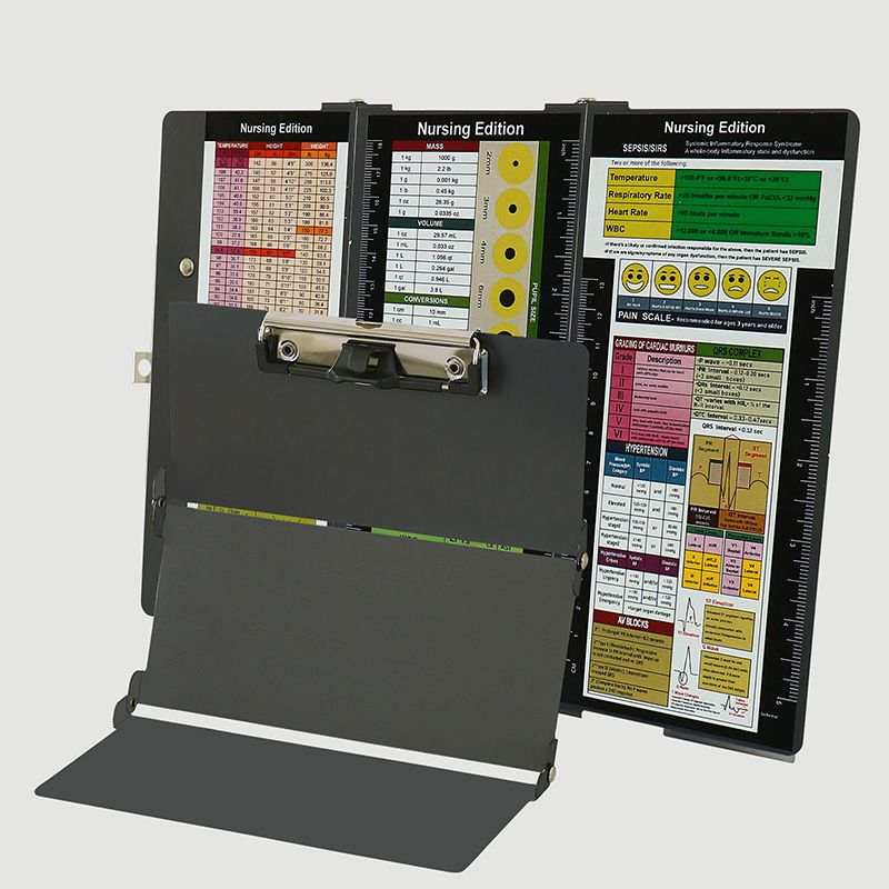 Black Waterproof Aluminum tri-fold nursing clipboard with a matte metal body, spring clip, and printed reference panels