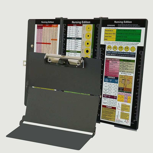 Black Waterproof Aluminum tri-fold nursing clipboard with a matte metal body, spring clip, and printed reference panels