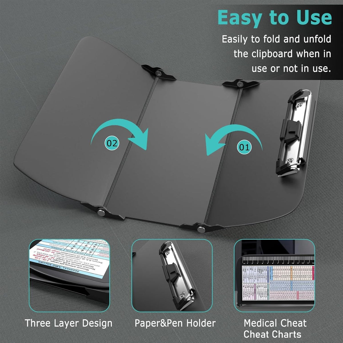 Black Waterproof Aluminum tri-fold clipboard with a matte black surface, hinged panels, metal paper clip and pen holder
