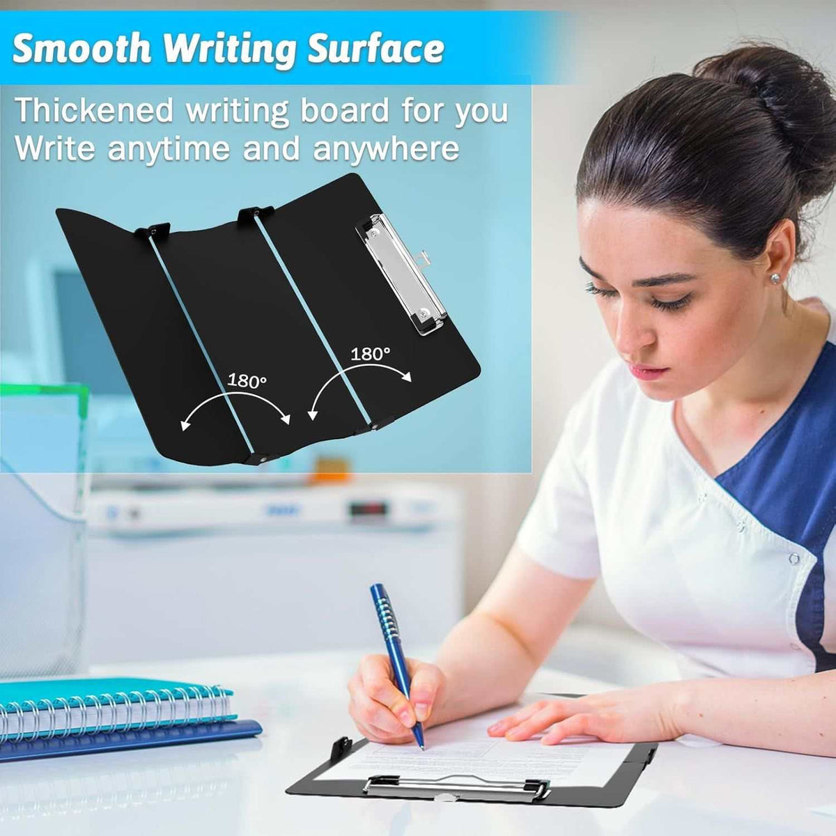 Tri-fold clipboard in Black Waterproof Aluminum with a smooth writing surface, folding hinges and metal paper clip