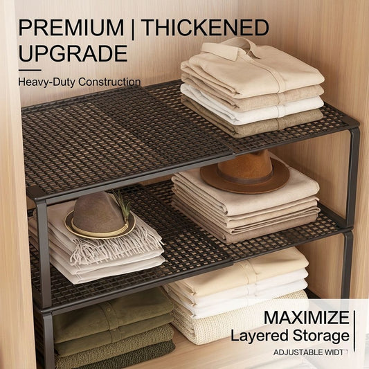 Black White adjustable mesh storage shelf with black metal frame, open grid tiers, and an adjustable width design