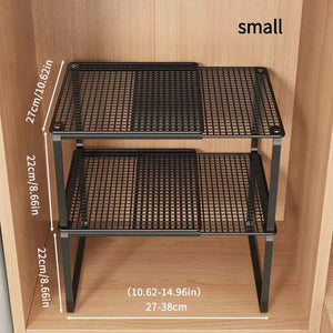 Black White adjustable mesh shelving unit with two black metal grid tiers and adjustable width sliding shelves