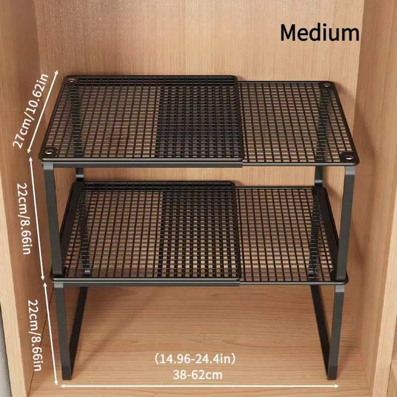 Black White adjustable mesh storage shelf with black metal frame, two expandable wire-mesh tiers and adjustable width