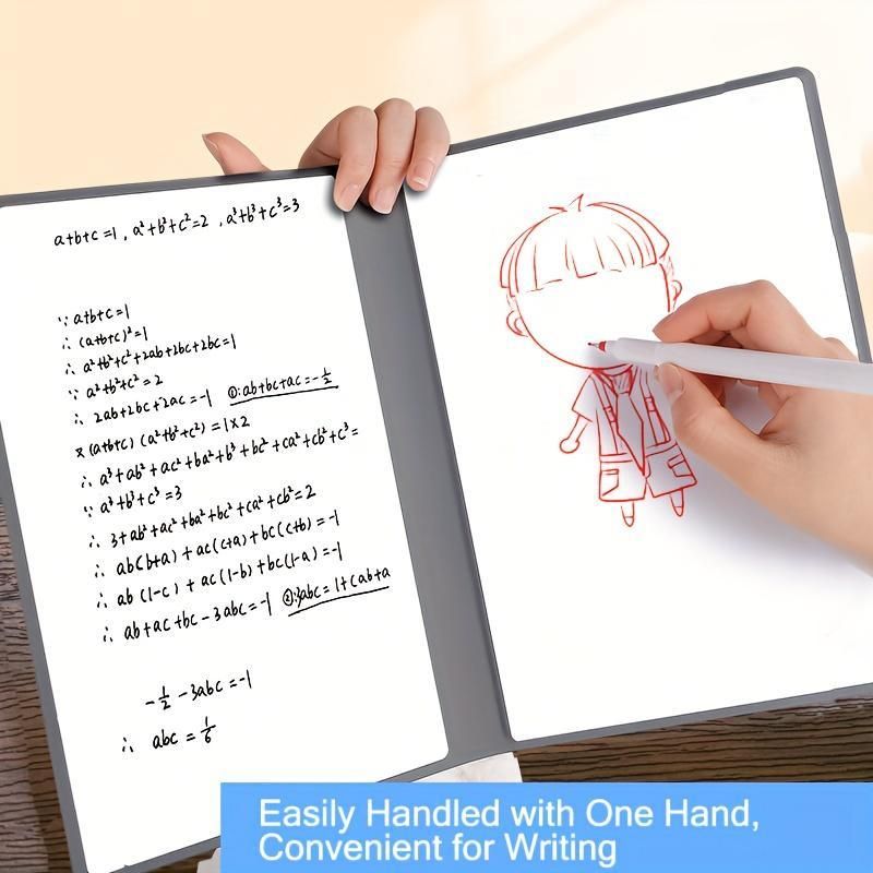 Blue A4 PU Leather reusable whiteboard notebook open with writing and a red character sketch on its wipe-clean pages