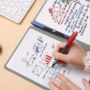 Blue A4 PU Leather reusable whiteboard notebook with a grey-edged dry-erase surface, shown covered in colourful handwritten notes and diagrams