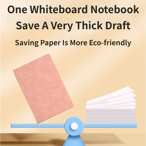 Blue A4 PU Leather whiteboard notebook illustrated beside a stack of paper on a balance, promoting paper savings