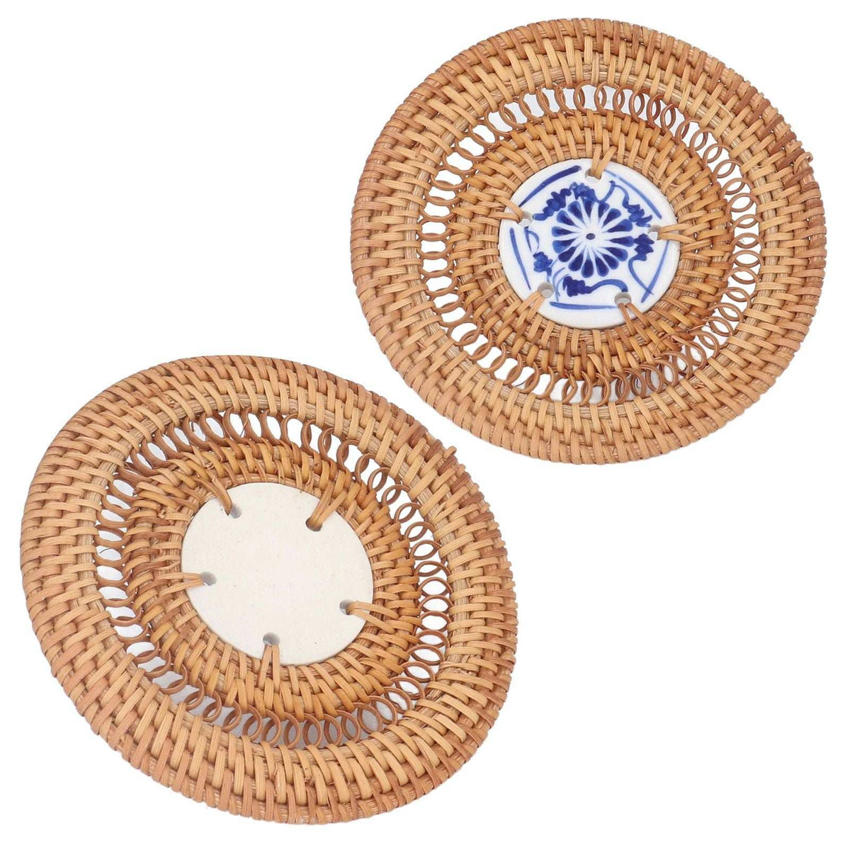 Blue and White Porcelain Coaster with tan woven rattan, showing a blue floral porcelain centre and open weave