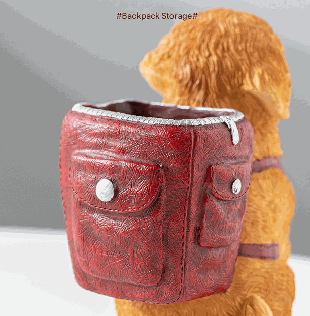 Blue Backpack Charming Golden Retriever Puppy resin pen holder with a textured red backpack and silver button details.