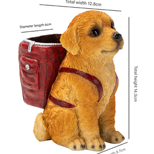 Resin Golden Retriever puppy pen holder with golden fur and a textured red backpack featuring a front pocket; Blue Backpack Charming Golden Retriever Puppy