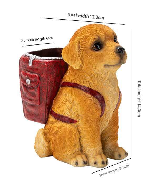 Resin Golden Retriever puppy pen holder with golden fur and a textured red backpack featuring a front pocket; Blue Backpack Charming Golden Retriever Puppy