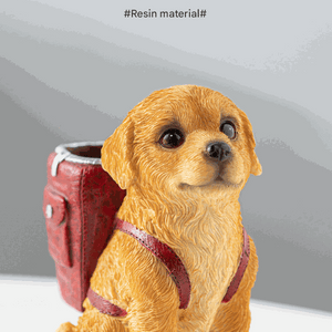 Resin puppy pen holder with golden fur and a red backpack, featuring detailed fur texture and glossy eyes; Blue Backpack Charming Golden Retriever Puppy