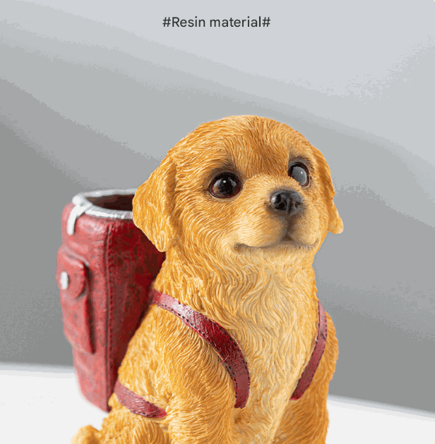Resin puppy pen holder with golden fur and a red backpack, featuring detailed fur texture and glossy eyes; Blue Backpack Charming Golden Retriever Puppy
