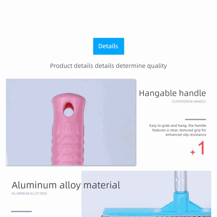 Blue Home Window Cleaner with pink textured hanging handle, blue aluminium alloy pole, and wide sponge and rubber cleaning head