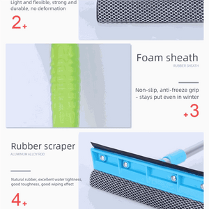 Blue Home Window Cleaner with a bright blue scraper head, black rubber blade, patterned sponge and textured green grip