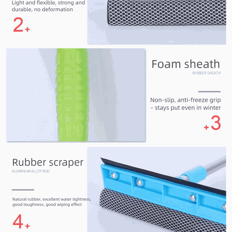 Blue Home Window Cleaner with a bright blue scraper head, black rubber blade, patterned sponge and textured green grip