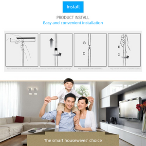 Blue Home Window Cleaner installation guide with illustrated handle assembly steps and a family celebrating at home