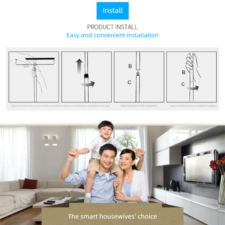 Blue Home Window Cleaner installation guide with illustrated handle assembly steps and a family celebrating at home