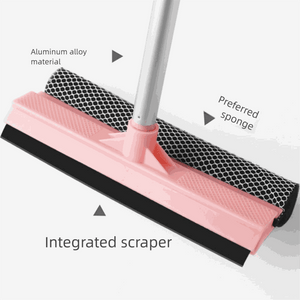 Blue Home Window Cleaner with a pink plastic head, black rubber blade, honeycomb sponge and silver aluminium pole