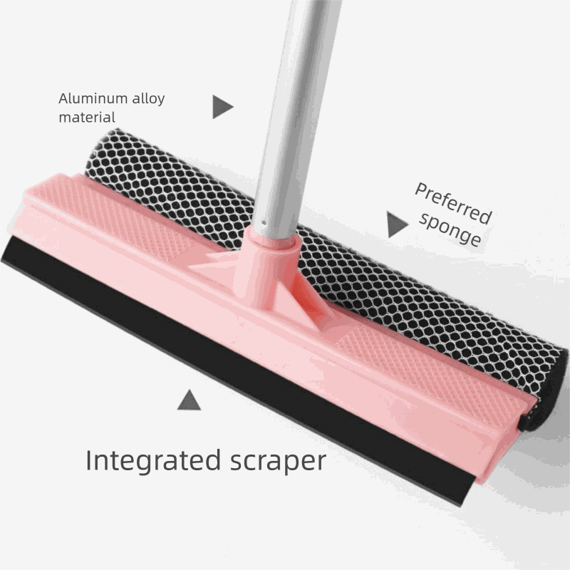 Blue Home Window Cleaner with a pink plastic head, black rubber blade, honeycomb sponge and silver aluminium pole