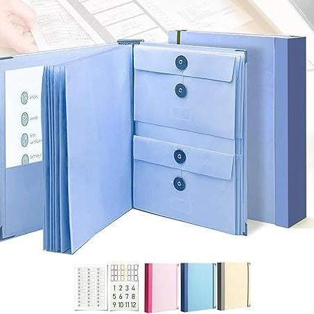 Blue Important Document Organizer with a hard-sided accordion folder, pale blue compartments, button closures, and label tabs