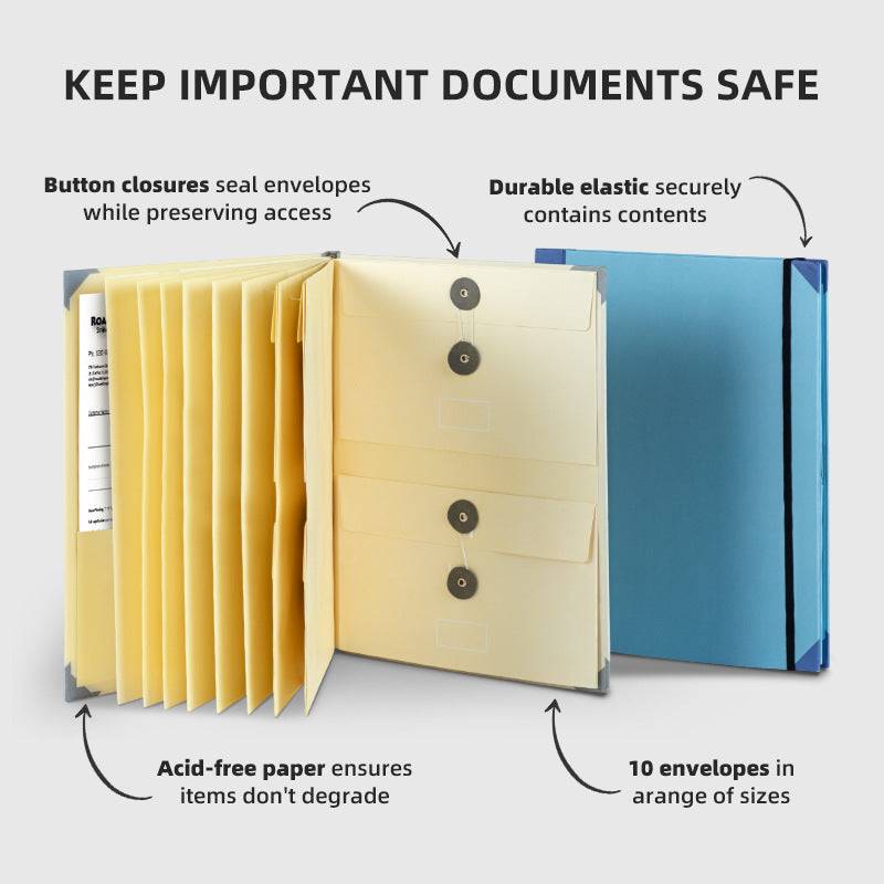 Blue Important Document Organizer with a bright blue cover, cream accordion-style envelopes, button closures and elastic band