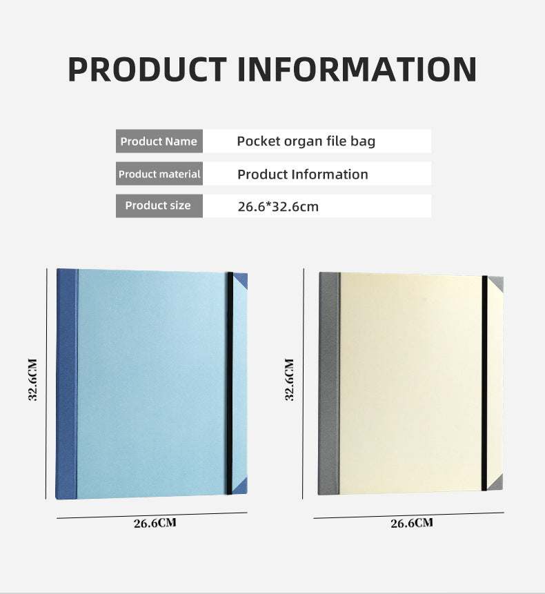 Blue Important Document Organizer in a light blue cardstock folder with dark blue edging and a black elastic closure