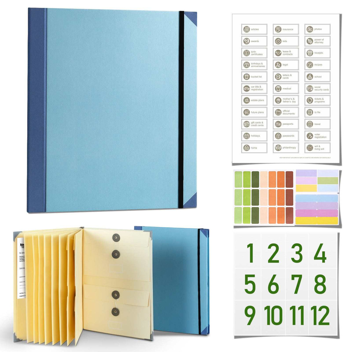 Blue Important Document Organizer with a light blue cardstock cover, dark blue spine, black elastic band and expandable manila envelopes
