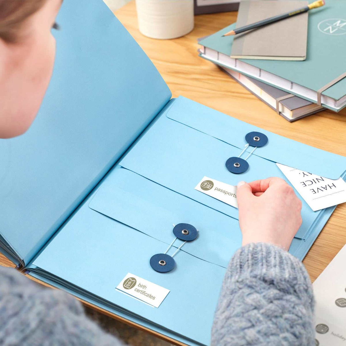 Blue Important Document Organizer with a light blue cardstock accordion folder, string-button closures and labeled document pockets